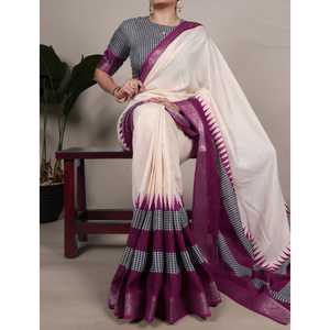 Nouveauté : Sari réversible en soie brute blanche moderne et élégante pour le bureau et les fêtes - Vêtements indiens et pakistanais - Product Image 6