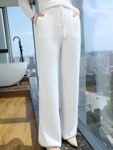 กางเกงสเวตเตอร์ผ้าขนสัตว์แท้ 100% สำหรับผู้หญิง ทรงขากว้าง เอวสูง ผ้าถัก สำหรับฤดูใบไม้ร่วงและฤดูหนาว ใส่ทำงานได้ ไม่ยับ มีเชือกผูกเอว ยืดหยุ่น มีกระเป๋า - Product Image 5