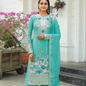 Ensemble de 3 pièces de vêtements de créateur brodés Kurta Sharara Salwar Kameez Readymade Inspired Designer Wear, costume élégant Kurta Palazzo pour l'Aïd - Product Image 1