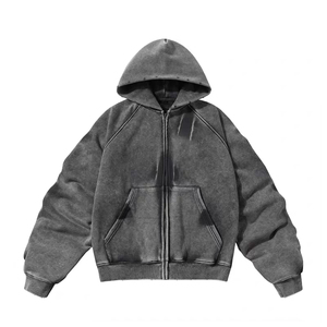 Alta calidad 500gsm Acid Wash Zipper-Up Hombres French Terry Hoodie Sudadera con estampado de gran tamaño Transpirable - Product Image 2