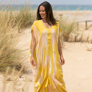 Caftan de Style bohème d'été pour femmes nouvelle Collection longue robe à col en V jaune tissé longueur au sol naturel respirant écologique - Product Image 1