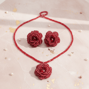 Crimson Rose <b>Beaded</b> Fine Jewelry <b>Set</b> Emerald Cut with Zircon Crystal Diamond for Weddings and Parties - Product Image 1
