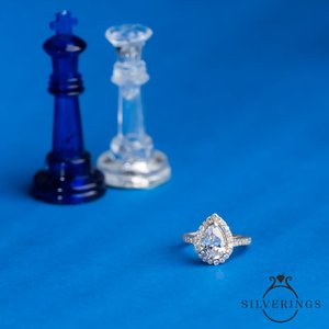 NOVAMART Fine Silverings 925 Sterling <b>Silver</b> Fine Jewelry <b>Adjustable</b> Tear Drop <b>Ring</b> with Pear Cut Diamond Rhodium Plated Engagem - Product Image 4