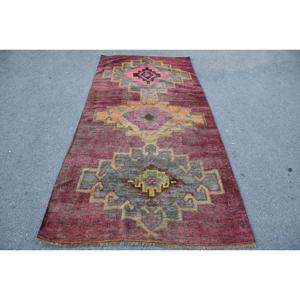 Turkish Vintage Rug 4.2x9 ft, <b>Red</b> Area Floral <b>Wool</b> Rug - Product Image 1