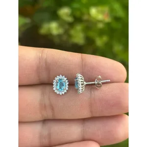 925 <b>Silver</b> for Swiss Blue Topaz <b>Stud</b> Earrings Rose Gold Trendy Pear Emerald Cut for Engagement Geometric Screw Pattern Zircon - Product Image 2