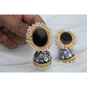 STATEMENT ROUND <b>COLOUR</b> GOLDPLATED DESIGNER HANDPAINTING BIG <b>STONE</b> STUD JHUMKA MATTE FINISHED EARING FOR WOMEN AND GIRLS - Product Image 3