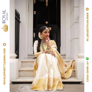 นำเสนอชุดส่าหรีบานาราซีออร์แกนิกที่มีเสน่ห์และระบายอากาศได้ดี สำหรับผู้หญิง ผู้ใหญ่ ซักได้ ผลิตในอินเดียและปากีสถาน ลวดลายปั๊มนูน ซักมือ - Product Image 2