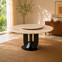 Table à manger ronde moderne et écologique en marbre avec plateau tournant, base en bois noir, capacité 10 personnes