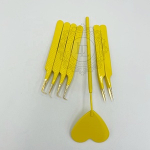 Pince à épiler d'extension de cils en acier inoxydable à pointe dorée Revêtement en poudre jaune Miroir Motif diamant Prix de gros Marque privée - Product Image 5