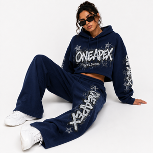 Conjunto Deportivo para Mujer, Color Azul Marino, Sudadera Corta con Capucha, Pantalones Anchos, Algodón Grueso, Tallas Grandes, Cintura Elástica Transpirable, Estilo Urbano - Product Image 3