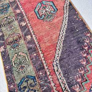 Vintage Small Rug 1.6x3.2 ft (50x98 cm), Turkish <b>Red</b> Striped <b>Wool</b> Rug - Product Image 3