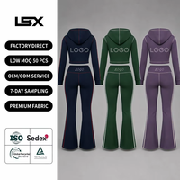Logo Kustom 2026 Musim Gugur Wanita Set Pakaian Olahraga 2 Potong Slim Fit Crop Hoodie Celana Flare Bergaris Samping Kasual Gym Streetwear Outfit