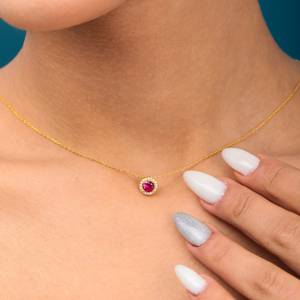 Halo Pave Ruby Necklace Earrings Set 925 Sterling Silver 14K Gold Plated Premium <b>Bridal</b> Jewelry for Party Anniversary <b>Gift</b> for - Product Image 2