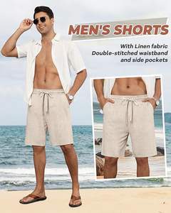Lot de 3 shorts en coton et lin pour hommes, taille élastique, avec cordon de serrage, short de plage d'été au genou avec poche - Product Image 4