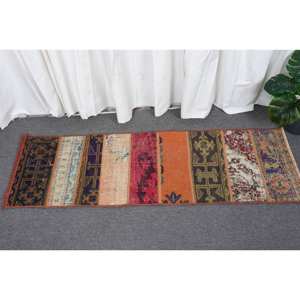 Alfombra grande de lana beige bohemia de 1,4X4,4 pies de estilo clásico turco con patrón de retazos para dormitorio o pasillo con respaldo de látex - Product Image 1