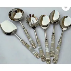 Rice Pasta Salad Soup Serving Utensils Set with White MOP Handle in a Gift Box Silver Polished salad bar serving Utensils