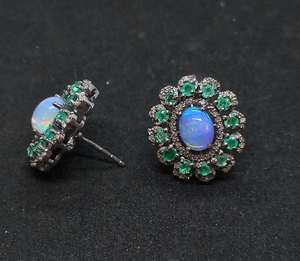 Emerald & Ethiopian Opal Flower Designer <b>Stud</b> <b>Earrings</b>, Pave Rosecut Diamond 925 <b>Sterling</b> <b>Silver</b> Handmade <b>Earrings</b> - Product Image 5