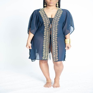 Ropa de playa para mujer Kafatn Apertura frontal con trabajo de cuentas Diseñador Tela negra sostenible Beach Kaftan Dress Thobe Embellecido - Product Image 1