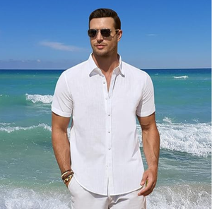 Chemises en lin pour hommes chemises boutonnées à manches courtes été plage décontracté lin chemise boutonnée vacances mariage - Product Image 5