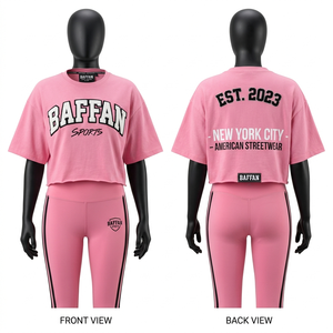 Ensemble t-shirt court et legging en coton et polyester, couleur rose, tissu extensible, bande latérale à rayures, logo imprimé, ensembles pour femmes - Product Image 3