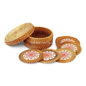 Handcrafted Bohemian Style Natural Rattan <b>Coaster</b> <b>Set</b> with Matching Tray Made From Premium Rattan Vietnam for Home Use - Product Image 1