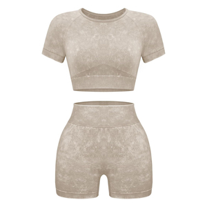 Conjunto de entrenamiento de 2 piezas acanalado sin costuras para mujer, Top corto de manga corta, pantalones cortos de Yoga de cintura alta, Material de algodón para el gimnasio diario - Product Image 4