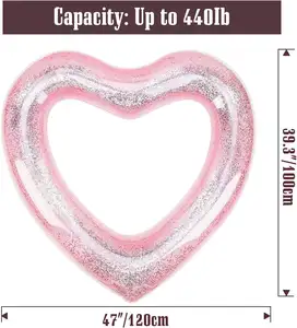 Novo design inflável glitter rosa coração tubo de anel de natação adulto piscina flutuador