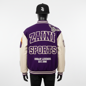 Veste universitaire en laine de haute qualité, couleur crème et violette, manches à blocs de couleur, logo brodé en chenille personnalisé, veste universitaire pour hommes - Product Image 5