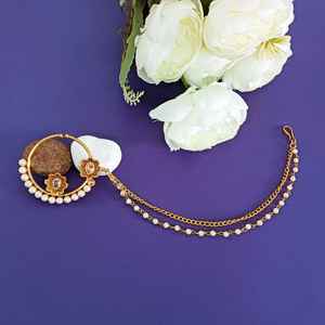 Indian Traditional Jewellery Crystal <b>Faux</b> Pearl <b>Nose</b> Pin Stud Septum Pin <b>Ring</b> With Layered Chain Bridal Jewelry - Product Image 1