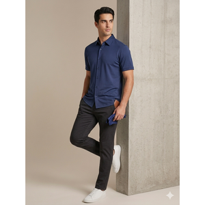 CAMISA BÁSICA DE SEDA DE ALGODÓN DE MANGA CORTA - AZUL MARINO - Product Image 3