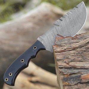 <b>Industrial</b> Tracker <b>Knife</b> Damascus Steel Blade Black Horn Handle Leather Sheath Camping Survival. - Product Image 3