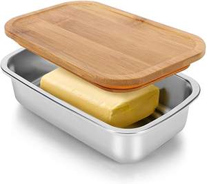 Récipient de stockage de beurre d'ustensiles de cuisine avec la boîte d'acier inoxydable de couteau avec la forme supérieure en bois de rectangle bien polie - Product Image 1
