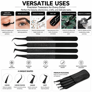 Ensemble de 4 pinces à cils professionnelles pour extensions de cils, courbées, angulaires, de précision, en acier inoxydable, antidérapantes - Product Image 6