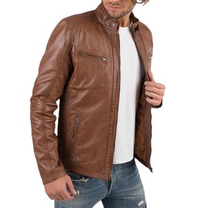 Veste de motard en cuir marron pour homme au design élégant, coupe classique ajustée, fermeture éclair sur le devant, col montant et haute qualité - Product Image 2