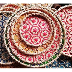 KITCHEN <b>GADGETS</b> Storage Trays Bamboo Woven Decorative Tray Serving Pattern Round Colorful Placemat Plates Basket <b>Home</b> Wall Decor - Product Image 3