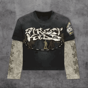 Hombres nuevos DTG gráficos Retro doble capa camiseta de gran tamaño cuello redondo algodón manga larga Tops Y2K doble capa Camiseta de manga larga - Product Image 6