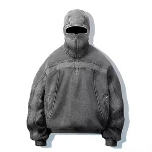 Unisex lavado ácido cubierta de invierno cara Ninja estilo media cremallera pulóver máscara Sudadera con capucha patrón sólido cuello con capucha 100% algodón de gran tamaño - Product Image 6