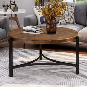 Table basse rustique d'affichage de café de base de fer avec le dessus en bois naturel Tables de meubles de luxe en métal de conception Unique géométrique - Product Image 3