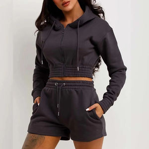 Conjunto de invierno de 2 piezas de alta calidad para mujer, Top corto de secado rápido, Sudadera con capucha sólida, corte Regular, cremallera, rompevientos, tela polar de algodón - Product Image 6