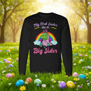 T-shirt à manches longues pour enfants « Ma première Pâques en tant que grande sœur » avec motif lapin de Pâques mignon et chasse aux œufs – Fournitures de vacances - Product Image 3