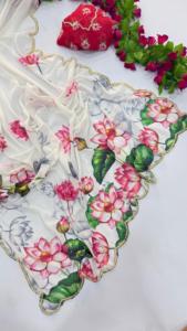 Dernière collection de vêtements de mariage indien Saree en Georgette Fantaisie Imprimé Sari Élégant Saree de créateur Collection Saree Indien - Product Image 5