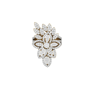 Bague Classique Élégante en Or Jaune 14K Plaqué Rhodium avec Diamants Naturels, Design Floral Marquise en Pétales, Sertie de Diamants Pavés - Product Image 1
