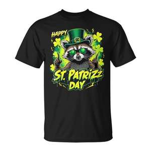 Camiseta St Pat Rizz Day Raccoon negra para hombre, cuello redondo, manga corta, impresión digital, camiseta promocional - Product Image 1