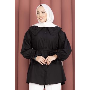 Túnica Negra de Popelina con Cuello Bordado, Diseño Floral de Encaje, Cintura con Cordón Ajustable, Corte Holgado, Talla XL, para Oficina, Primavera/Otoño, Rayón - Product Image 5