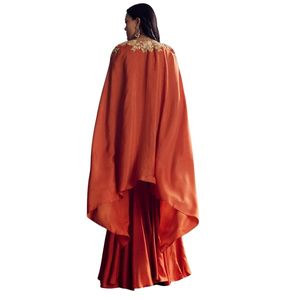Abito Sharara di seta arancione con mantello Zari ricamato per le donne indiano tradizionale festa festa indossare abito da sposa - Product Image 5