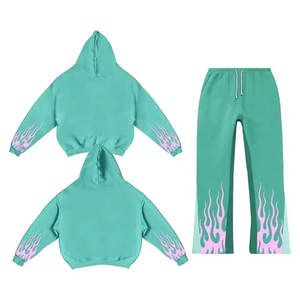 Nouveauté, vente chaude, ensemble pantalon et sweat-shirt à capuche surdimensionné, style hip-hop, flamme, deux pièces, pantalon évasé, pour homme, poids lourd, saison hivernale, survêtement - Product Image 5