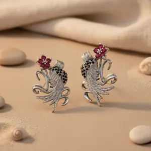Pendientes de Plata con Forma de Pájaro Floral para Mujer, Estilo Vintage, Joyería Religiosa Cristiana con Piedras Preciosas Rojas y Coral para Regalo de Fiesta - Product Image 1