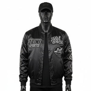 Luxury Satin Varsity <b>Jacket</b> Smooth Shine Fabric <b>Black</b> Color Custom Embroidered Logo Personalized Design Satin <b>Jacket</b> For <b>Men</b> - Product Image 1