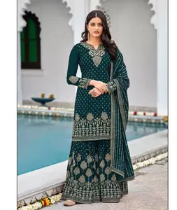 印度和巴基斯坦重型人造乔其纱刺绣作品Salwar Kameez套装乔其纱杜帕塔刺绣作品