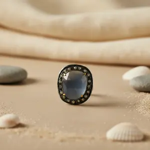 Bague géométrique simple en saphir et diamant en argent oxydé pour femmes, incrustation d'onyx plaqué rhodium - Product Image 3